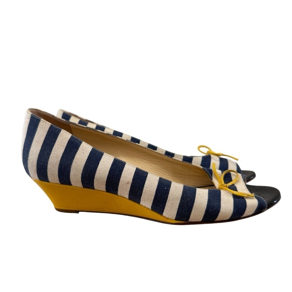 Kate Spade Navy Blue & White Stripe Yellow‎ Detail Kitten Wedge Flats 6.5